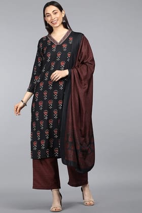 Black Polyester Ethnic Motifs Straight Suit Set PKSKD1035