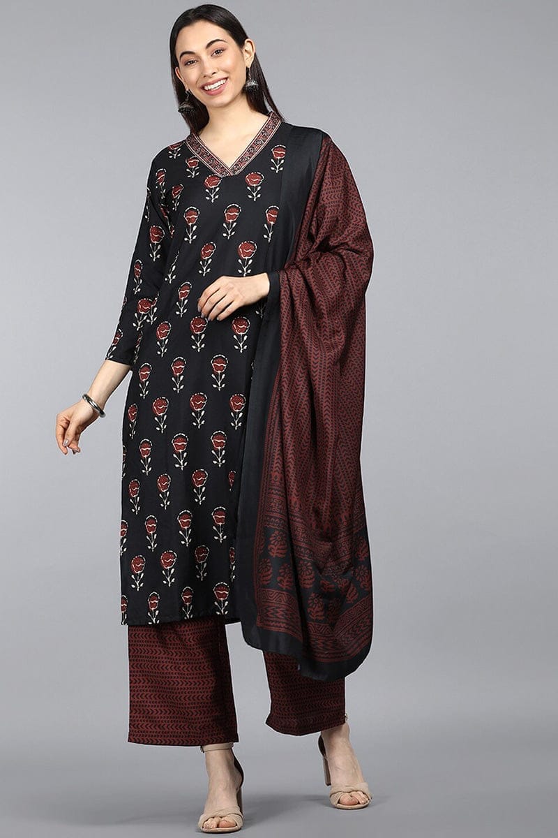 Black Polyester Ethnic Motifs Straight Suit Set PKSKD1035