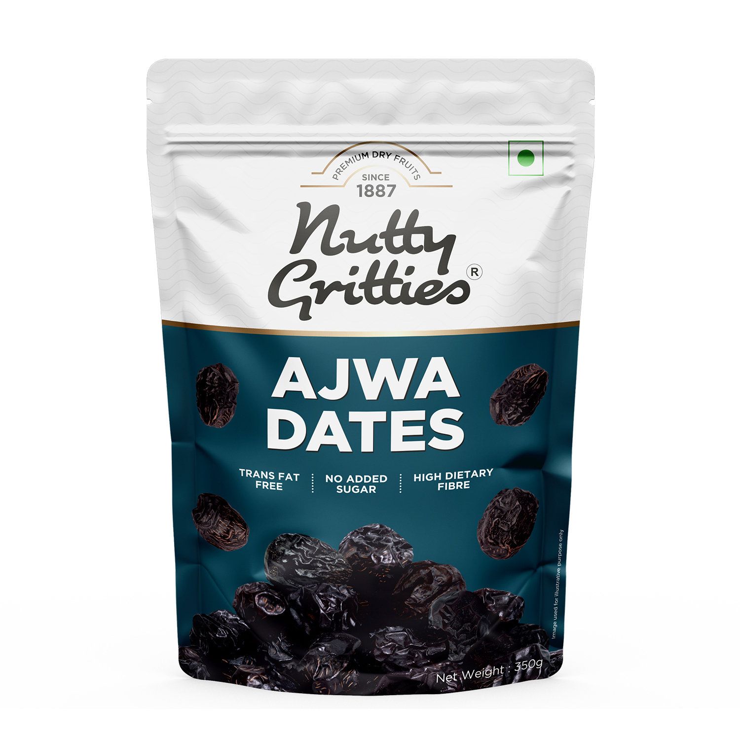 Nutty Gritties Premium Ajwa Dates, Khajur | Khajoor | Resealable Pouch - Fresh, 350 gm
