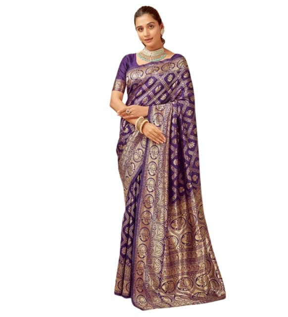 Generic Women's Jacquard Printed Saree with Unstitched Blouse Piece, Soft Lightweight 5.5 m Sari for Daily, Office and Wear (Purple, Design 67637)