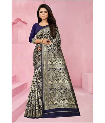 Gazal Fashions Banarasi Silk Printed Saree With Unstitched Blouse Piece ( Blue )