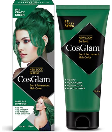 COSGLAM Semi Permanent Hair Color, No Peroxide, Non Oxidative, Ammonia Free Hair Colour 41 Crazy Green - 120gm