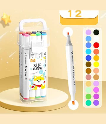 Dual Tip Colorful Art 12 Markers Sketch Pens Colors with Carrying Case for Painting Sketching Drawing