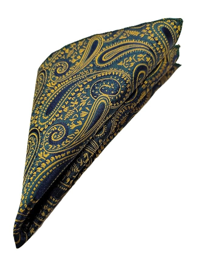 VOICI France Men's Pocket Square Paisley Design Pure Satin Free Size - Blue & Yellow