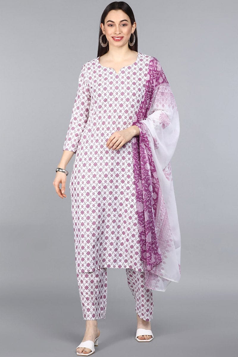White Poly Crepe Ethnic Motifs Straight Suit Set PKSKD1156