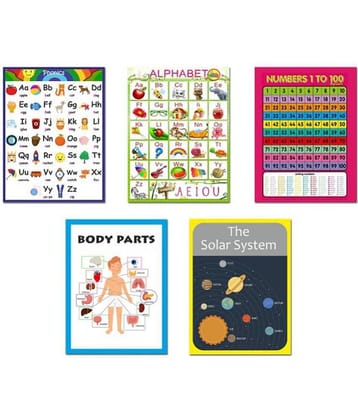 Photojaanic Educational Posters Set of 5 - Hindi Varanmaala Chart, English Alphabet Chart, Body Parts Chart for Kids, Solar Wall Poster for Kids Learning