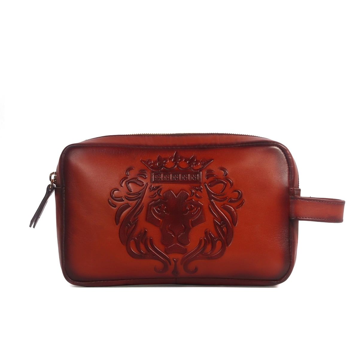 Embossed Lion Unisex Tan Genuine Leather Slim Kit Bag for Travel by Brune & Bareskin-FS