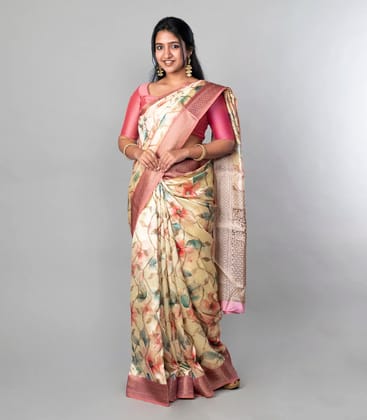 Cream Woven Dola Synthetic Saree With Printed Floral Motifs-Cream