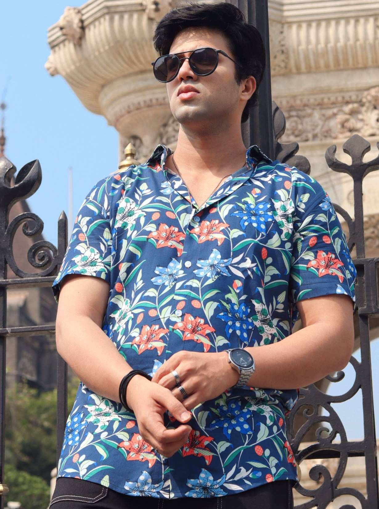 Navy Floral Printed Shirt - L