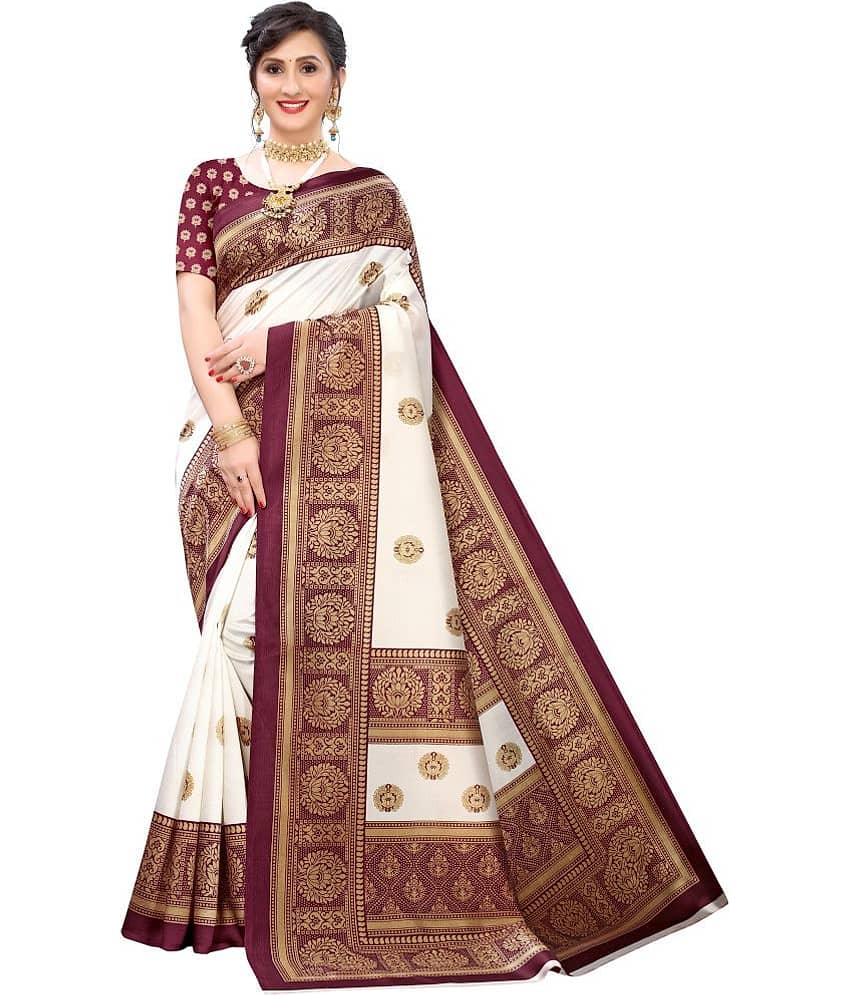 Saadhvi Art Silk Printed Saree With Unstitched Blouse Piece ( White )