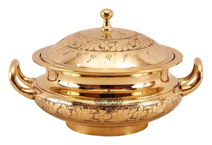 Pure Brass Engraved Floral Design Casserole, Mughlai Style, Serveware, Tableware-1200ML