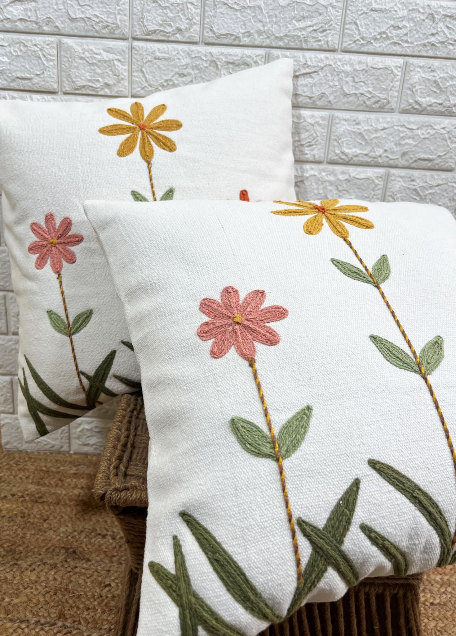 Indihomecraft Handicraft Cotton Cushion Cover - Hand Stitched Embroidery Decorative Art Boho Pillow Flower Printed Pillow Cover | Square Shape 18X18 Inches Cushion Cover, Set of 3