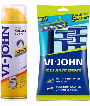 VI-JOHN Lemon Shaving foam 200ml & ShavePro Twin Blade Disposable Razor 5 PCS -Pack of 2