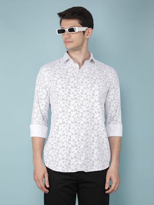 White Printed 100% Cotton Shirt-M / White