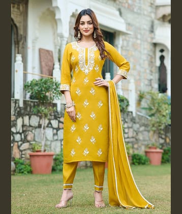 VIBE VISION Silk Blend Embroidered Kurti With Pants Women's Stitched Salwar Suit - Mustard ( Pack of 1 )