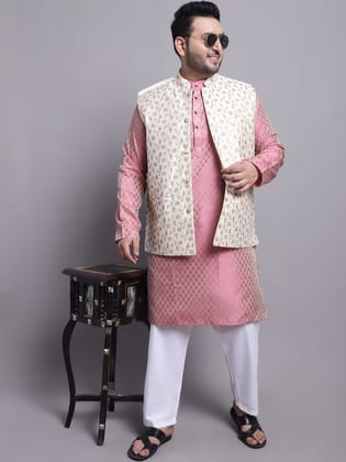 Men's Silk Blend Pink Kurta & Cream Emb Nehrujacket With White Pyjama-44