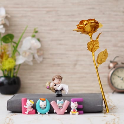 Valentine Combo of Golden Rose Gift Set, Bride Kissing Groom Romantic Polyresin Decorative Showpiece, "Love" Animated Characters Showpiece