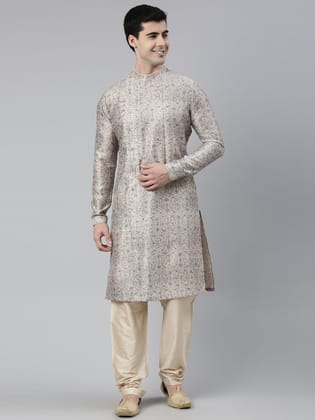Cream Floral Block Printed Angrakha Full Open Chanderi Silk kurta set-40 (Medium) / Only Kurta - No Lowers