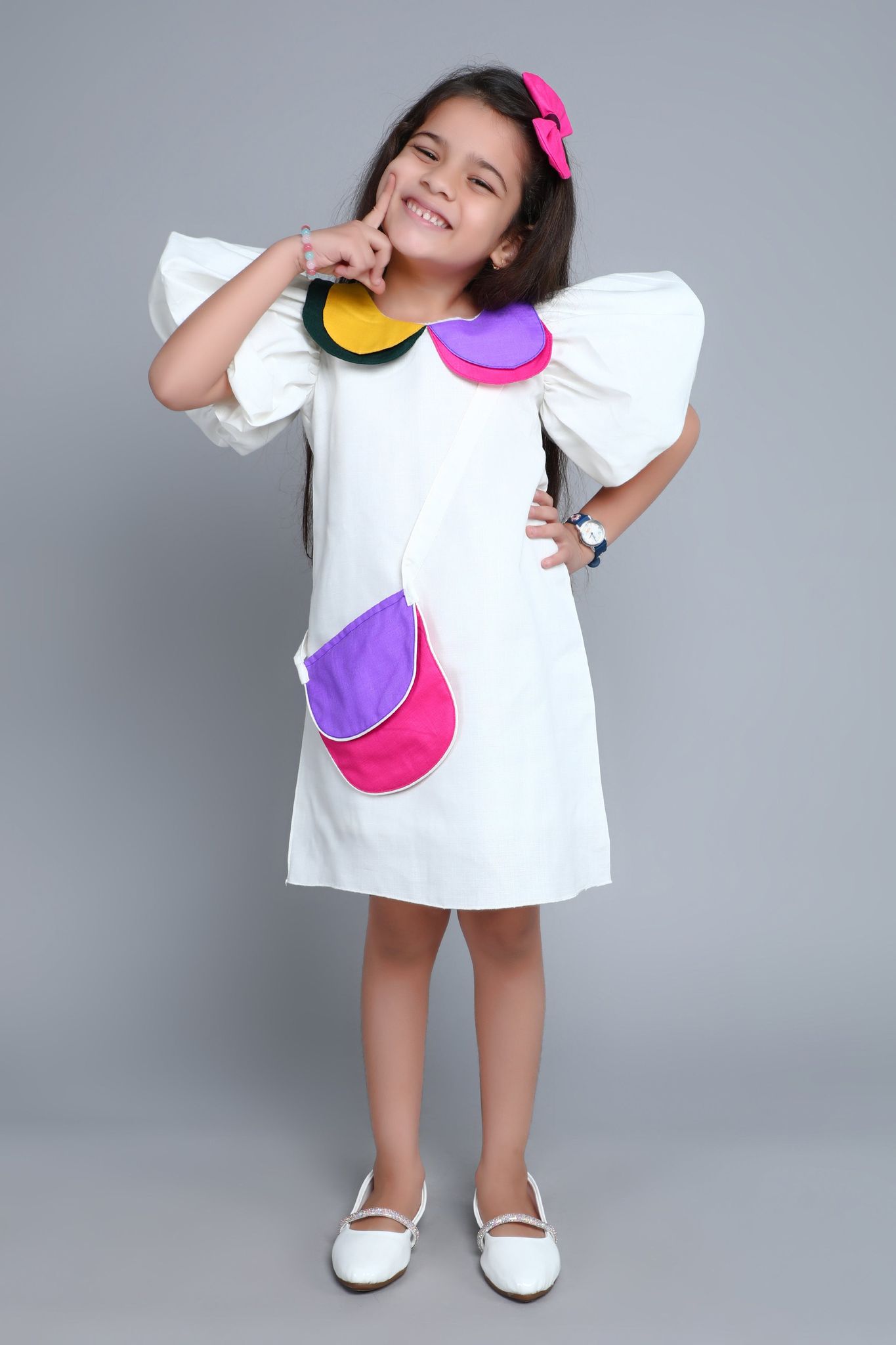 Puff Sleeves Colorblock Collar Cotton Dress with Matching Sling and Bow Clip -White-1-2Y / White
