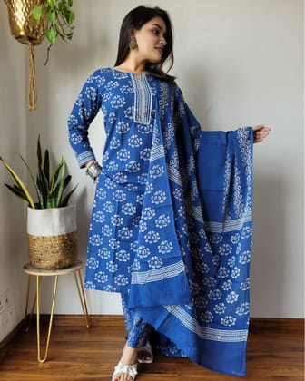 Mehek Moody Blue Cotton Suit Set Handblock Print-S (36)