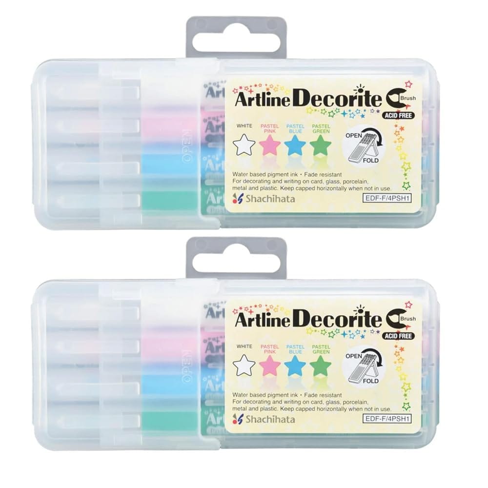 Artline Decorite Brush Markers Set of 4 X 2 Packs in Metallic Colours - Gold, Silver, Bronze & White Vibrant Colours | For Decorating And Writing On Greeting Card and Craft Papers