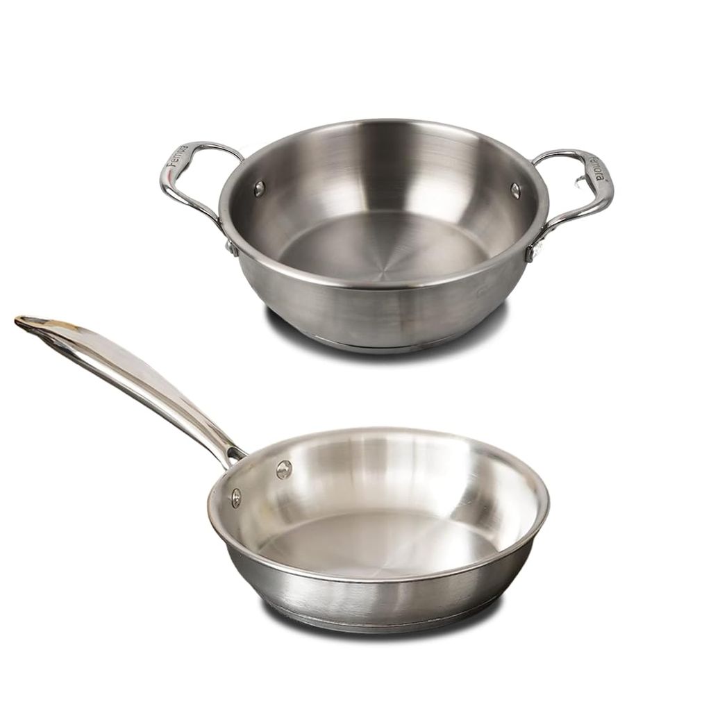 Femora Bottom Triply Stainless Steel 2 Pc Cookware Set, 24 cm Indian Kadai, 20 cm Frypan, Even and Fast Heating, Induction Bottom, Gas Ready, Silver