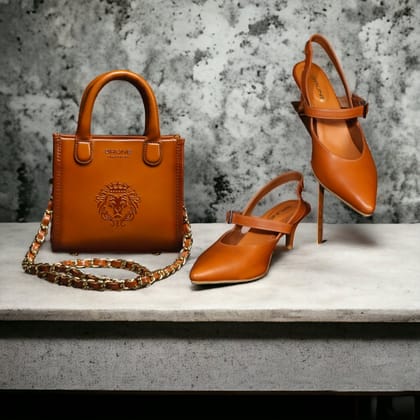 Combo for Ladies Tan Leather Kitten Heel Sandal and Handbag-36/3 / FS