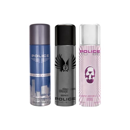 Police Light Blue + Wings Titanium + To Be Woman Deo Combo Set 600ml (Pack of 3) For Him & For Her