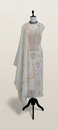 Chikankari Mul Chanderi Dress Material Cream Pink Floral Chikankari Mul Chanderi Dress Material Cream Pink Floral