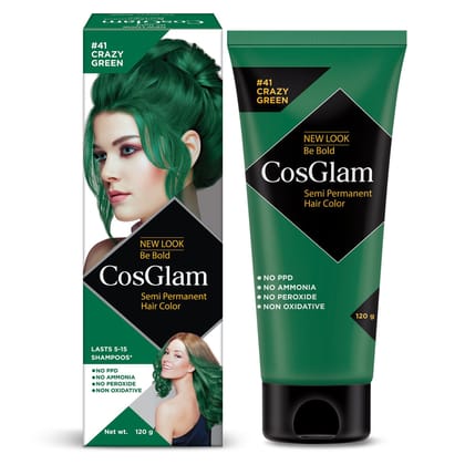 COSGLAM Semi Permanent Hair Color, No Peroxide, Non Oxidative, Ammonia Free Hair Colour 41 Crazy Green - 120gm
