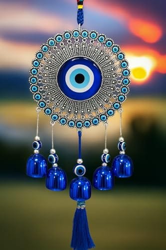 Paradigm Pictures 5 Bells Wind Chimes for Home Positive Energy, Evil Eye Hanging for Home, Evil Eye Home Decor