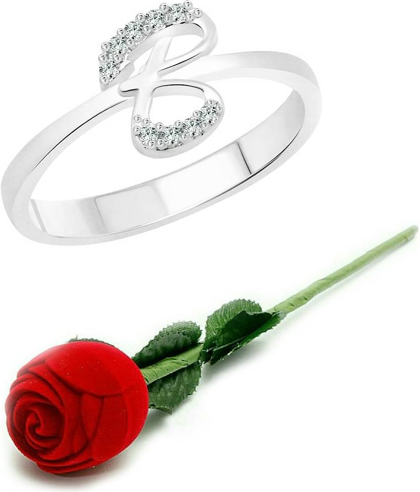 Vighnaharta Initial ''B'' Alphabet with Rose CZ  Rhodium Plated Alloy Finger Ring for Women and Girls - [VFJ1179ROSE14]