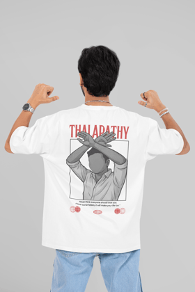 Thalapathy  inspired Round Neck Drop Shoulder Graphic Printed Oversized Cotton T-shirt-S / White