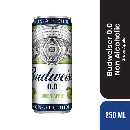Budweiser 0.0 Non Alcoholic Green Apple Beer - Refreshing Flavour, 330 Ml Can