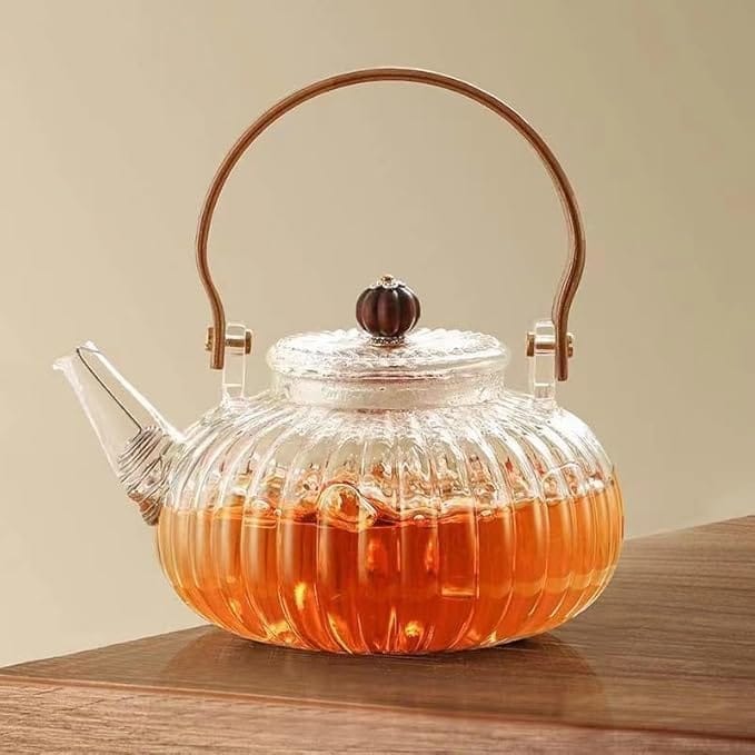 Lining Kettle with Glass Lid and Wooden Handle | 900 ML | Borosilicate Glass Tea Pot | Unique Design & Safety Features