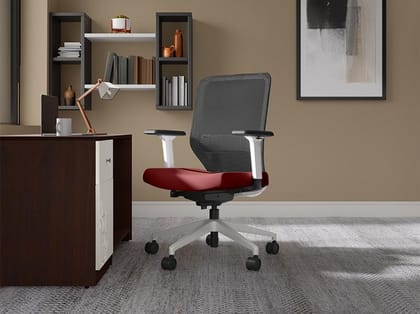 Greta 2.0 Mid Back Fabric Ergonomic Office Chair (Milan Red with White Body) (1-Year Warranty, Adjustable Armrest)