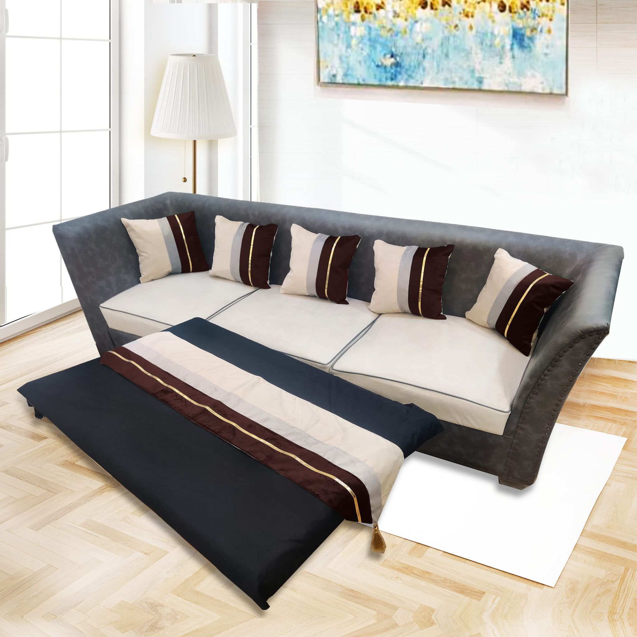 Brown Beige Gold Leather Velvet 5 Cushion Covers and 1 Table Runner Combo Luxury Modern Pillow Cover Decorative Pillow for Sofa Living Room Bedroom |16X16 Inch Cushion Cover I12 X 59 Inch Runner