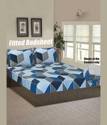 Home Candy Microfiber Abstract Fitted Double Bedsheet with 2 Pillow Covers- Blue
