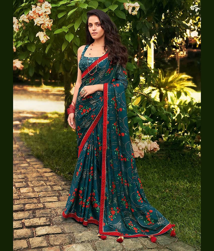 DIKONA DESIGNER Chiffon Printed Saree With Unstitched Blouse Piece ( Gold )