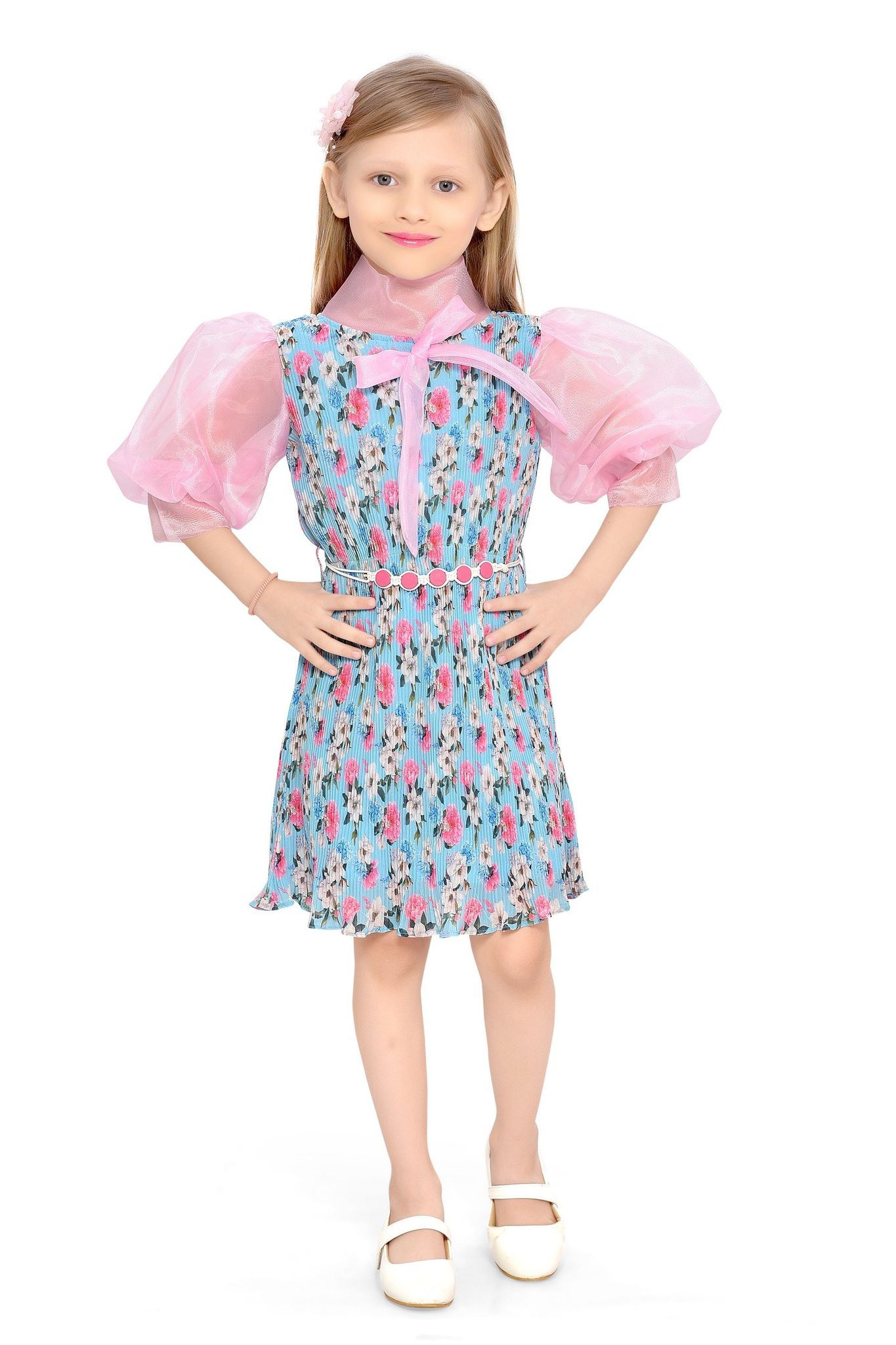 Be:Kids Enchanted Garden Girls' Floral Pleated Dress with Sheer Pink Puff Sleeves