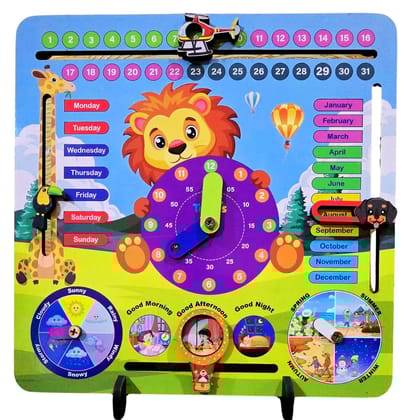 Toyjos Kids Wooden Calendar Clock With Stand | Lion Themed Montessori 7 in 1 Early Learning Board Game | BIS Certified Preschool Learning Educational Toys Birthday Gift for Boys, Girls (Age 3-6 Years)