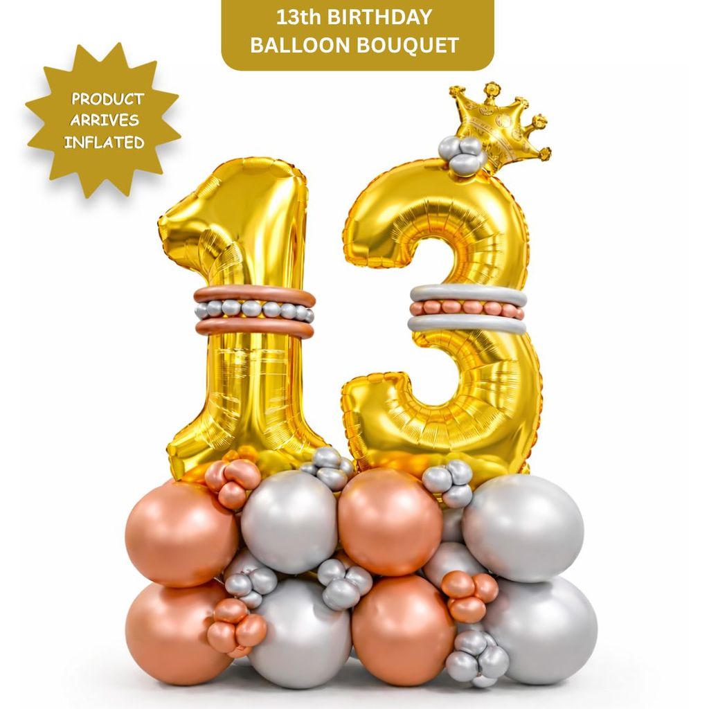 Signature Number 13 Large Golden Balloon Bouquet Arrangement with Small Crown & Silver, Rosegold Latex Balloons - Party and Festive Needs | Buy online on ZillyBuy