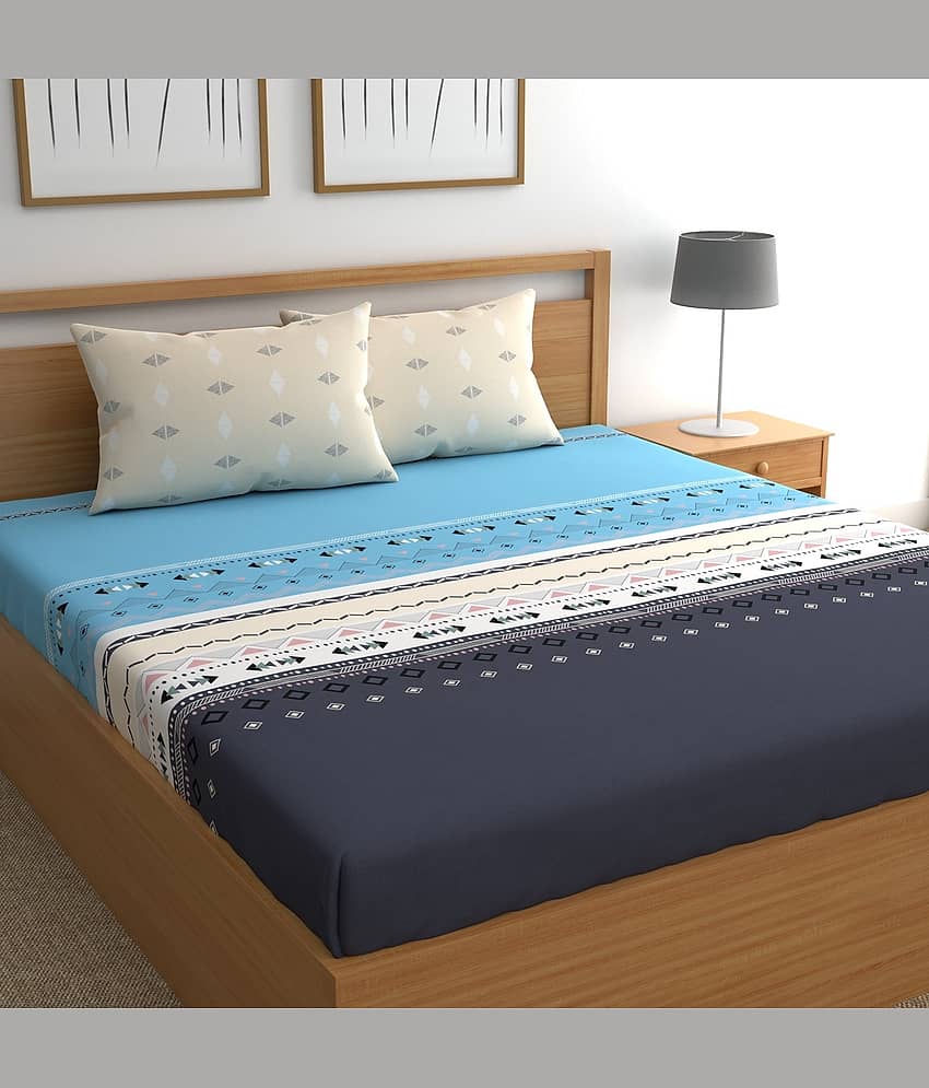 chhavi india Poly Cotton Abstract King Size Bedsheet With 2 Pillow Covers - Blue