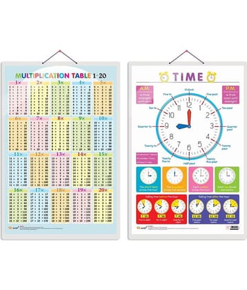 Set of 2 Multiplication Table 1-20 and TIME Early Learning Educational Charts for Kids | 20"X30" inch |Non-Tearable and Waterproof | Double Sided Laminated | Perfect for Homeschooling, Kindergarten and Nursery Students