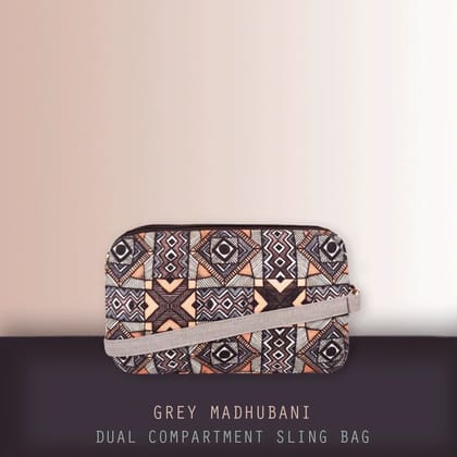 Dual Compartment Sling Bag- Grey Madhubani