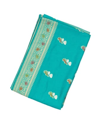 Cyan Woven Blended Dupion Saree With Meena Floral Motifs-Cyan