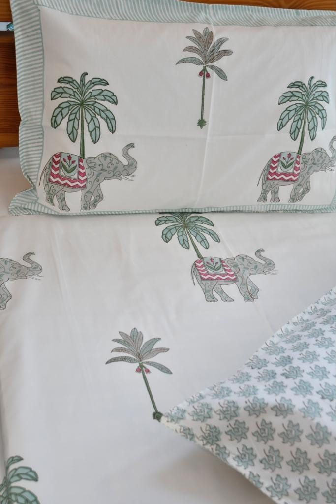 Royal Elephant Bedsheet | Hand-Blocked Design : Majestic Charm King 90x108 inches