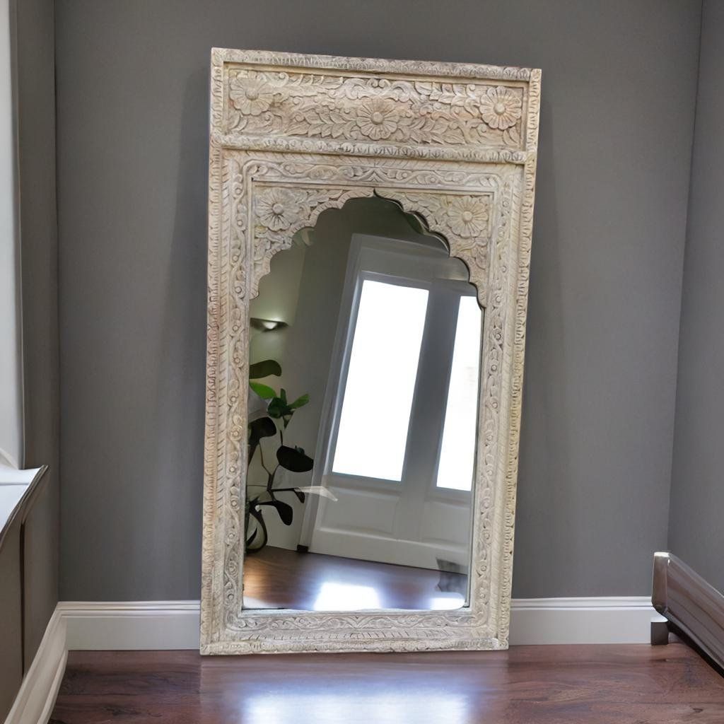 Wooden Carved Mirror Wall Decor, Distressed Bedroom Mirror