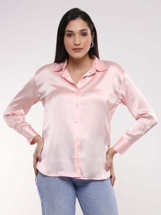 Soft Pink Drop Shoulder Oversized Summer Satin Shirt-M