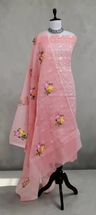 Handwoven Kota Doria Dress Material in Peach with Floral Embroidery